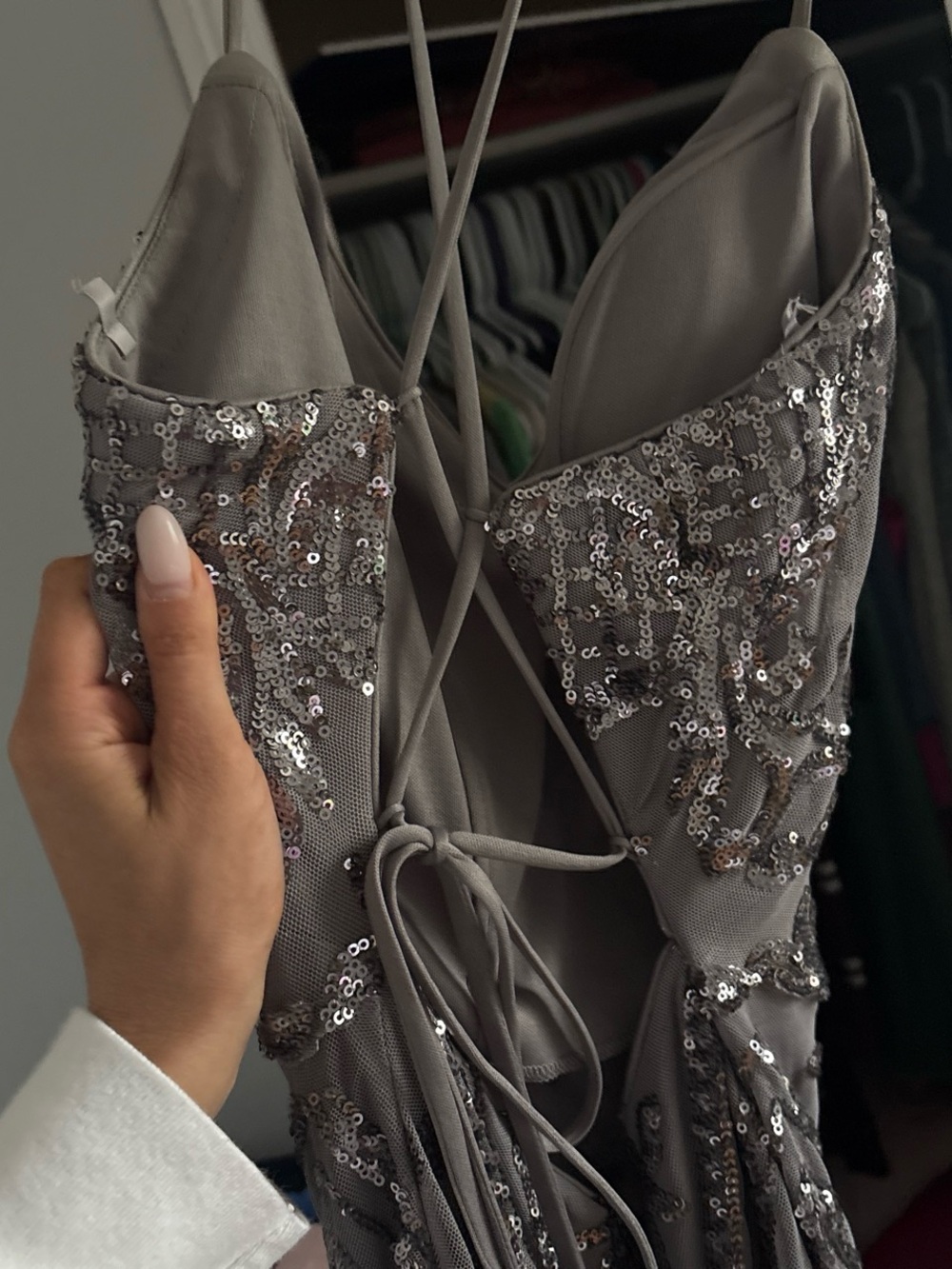La Femme Silver Sequin Prom Dress - Picture 2 of 5